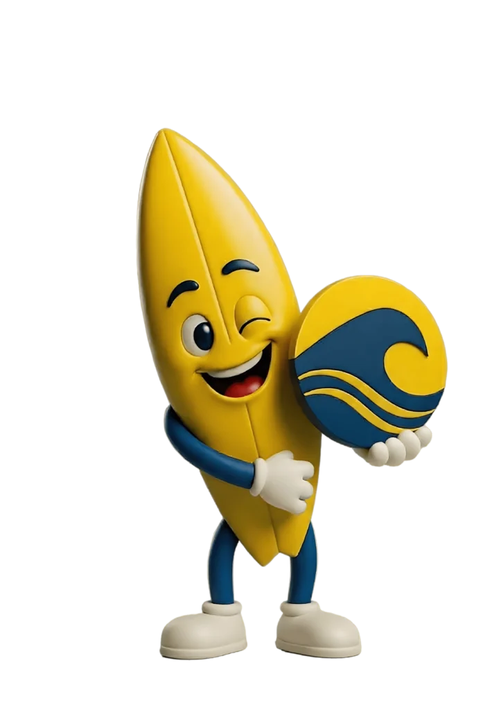 mascotte ikiwaves con tavola da surf gialla e logo in mano